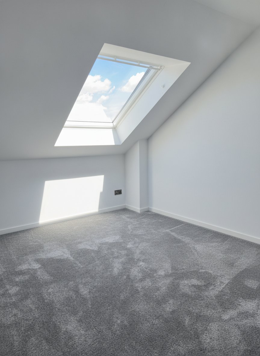 Helles Dachzimmer mit großflächigem Dachfenster und optimaler Lichtzufuhr KI generiert Helles Dachzimmer mit großflächigem Dachfenster und optimaler Lichtzufuhr KI generiert