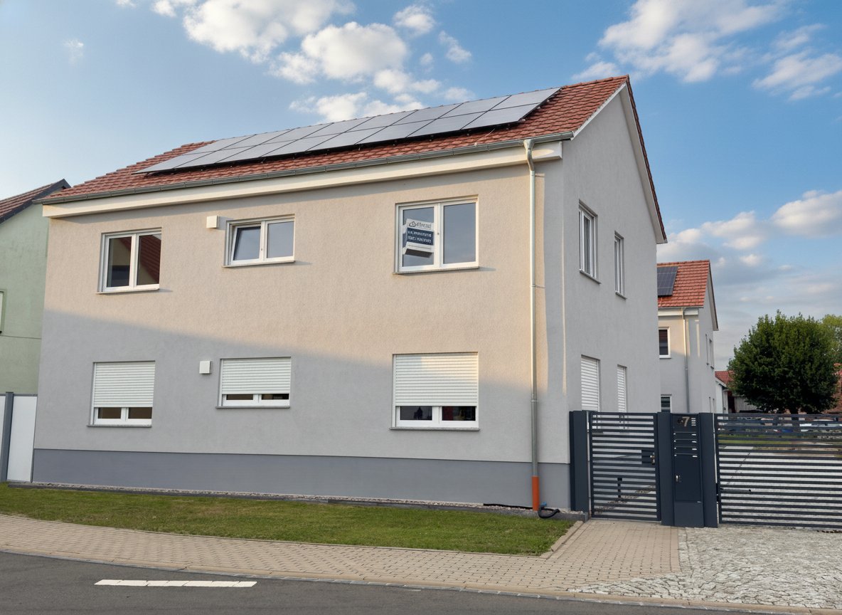 Modernes Einfamilienhaus mit Solaranlage und Carport KI generiert