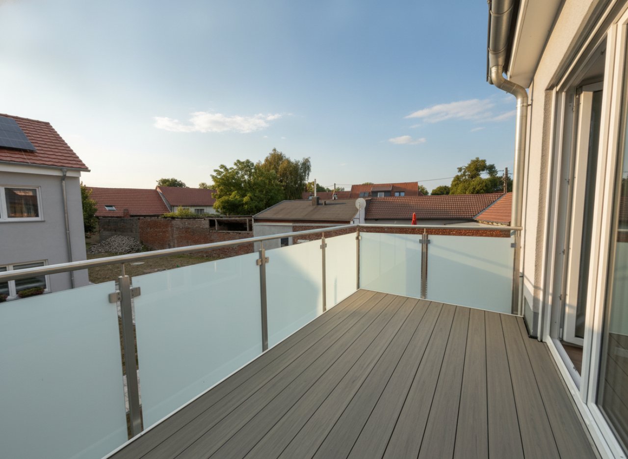 Moderner Balkon mit Glasgeländer und freiem Ausblick KI generiert